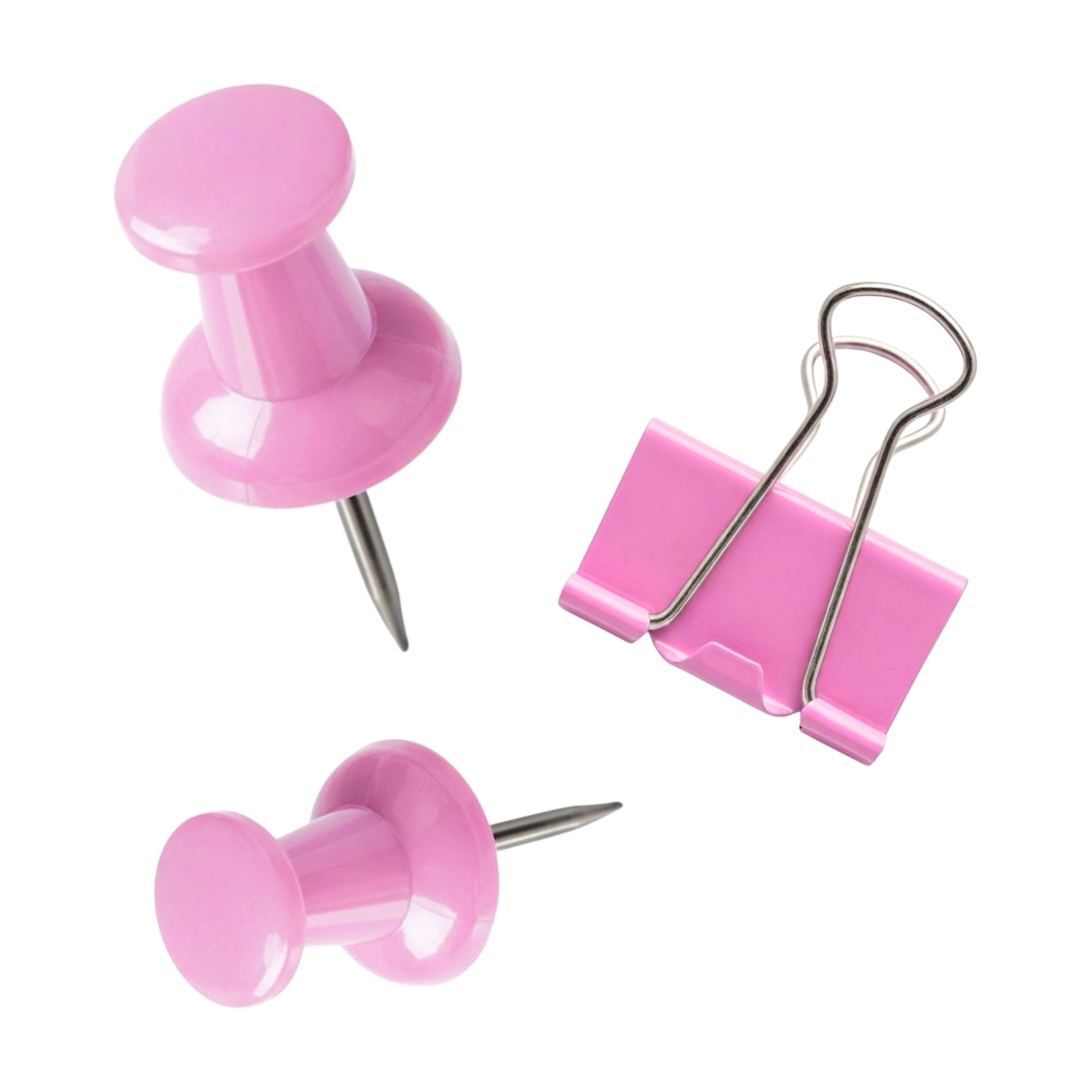 an image of two pink thumbtacks and a pink binder clip