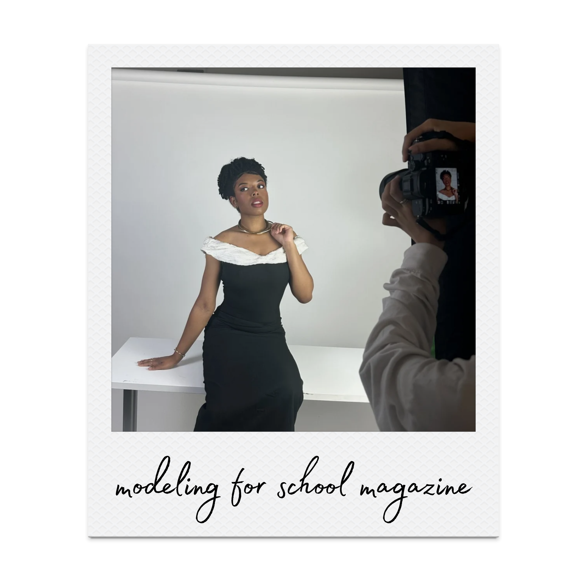 polaroid picture of ashley modeling and getting her picure taken on a set with caption that reads 'modeling for school magazine'